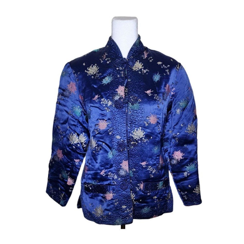Vintage Peony Traditional Chinese Jacket Frog Buttons Womens Size M Blue Quilted